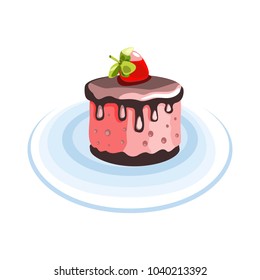 Cake with a delicate pink cream and strawberries. Dessert. Isolated object. Vector illustration

