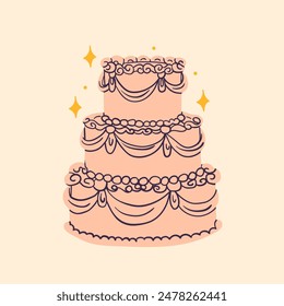 Pastel con crema deliciosa. Estilo retro. Dulce y sabrosa comida. Ilustración vectorial de moda dibujada a mano. Elemento de diseño aislado. Fiesta, boda, aniversario, celebración, concepto de cumpleaños. Plantilla de tarjeta