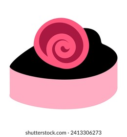 Cake delicious dessert in heart form icon vector. Chocolate sweet pie in lovely symbol shape decorated sugary rose flower on top. Delicacy pastry baked food flat cartoon illustration