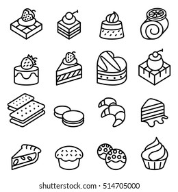 Cake, Dessert & Bakery icon set in thin line style