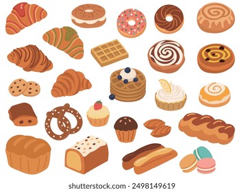 Panadería, pastelería, pastel isométrico plano icono de colección. 20+ Ilustración vectorial de comida para desayunar	