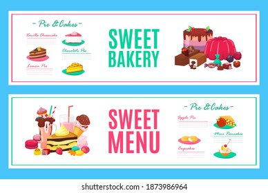 Cake dessert bakery pastry menu set, vector illustration. Cupcake collection food at cafe design shop, chocolate cream and snack sweets. Fresh graphic decoration for breakfast candy.