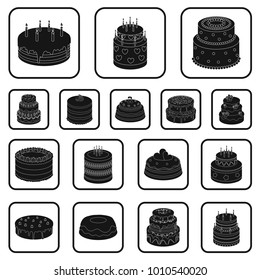 Cake and dessert black icons in set collection for design. Holiday cake vector symbol stock web illustration.