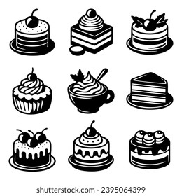 Cake dessert black icons set. Sign kit of sweet food. Simple delicious black symbol. Sweet birthday cakes, Bakery cupcake isolated on white. Vector illustration