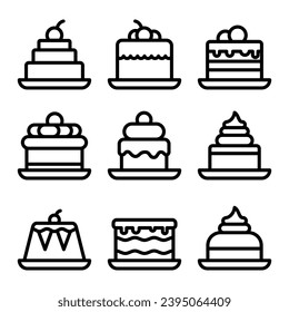 Cake dessert black line icons set. Sign kit of sweet food. Simple delicious black symbol. Sweet birthday cakes, Bakery cupcake isolated on white. Vector illustration