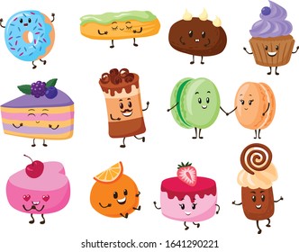 Cake dessert cartoon characters vector illustration. Sweet funny pastry food set. Confectionery products cupcake, macaron and donut standing and dancing isolated on white background.