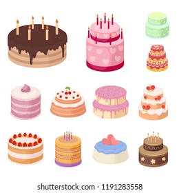 Cake and dessert cartoon icons in set collection for design. Holiday cake vector symbol stock web illustration.