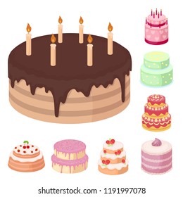 Cake and dessert cartoon icons in set collection for design. Holiday cake vector symbol stock web illustration.