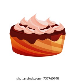 Cake, dessert, in chocolate glaze, with cream and biscuit. Sweet baked dessert. Delicious food. Vector illustration.