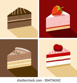Cake, dessert, chocolate, strawberry, cherry, piece, color, flat. Four pieces of cake, chocolate, cream, strawberry and cherry, topped with jam and marmalade, shortbread, biscuit. Illustration. 