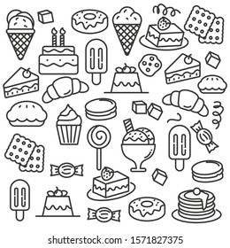 Cake And Dessert Doodle Vector Suitable For Background. Set Of Cake And Dessert Vector Illustration With Line Design 