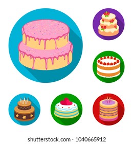 Cake and dessert flat icons in set collection for design. Holiday cake vector symbol stock web illustration.