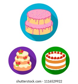 Cake and dessert flat icons in set collection for design. Holiday cake vector symbol stock web illustration.
