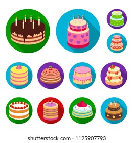 Cake and dessert flat icons in set collection for design. Holiday cake vector symbol stock web illustration.