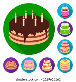 Cake and dessert flat icons in set collection for design. Holiday cake vector symbol stock web illustration.
