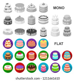 Cake and dessert flat icons in set collection for design. Holiday cake vector symbol stock web illustration.