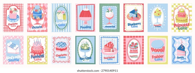 Cake and dessert in a frame. Pastry. Vector illustration of sweet bakery, birthday cake, mousse, pudding, ice cream, сonfectionery and berries for a greeting card, kitchen wall poster