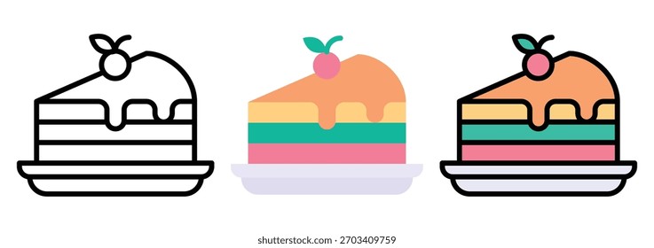 Icono del postre de la torta fijado en color del contorno y estilo plano