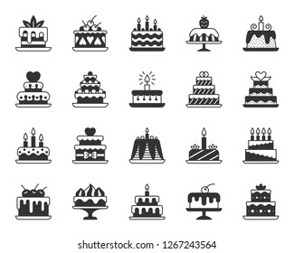 Cake dessert icons set. Sign kit of sweet food. Birthday party pictograms of cupcake design, candle decoration, strawberry cream. Simple delicious black symbol isolated on white. Vector Icon shape