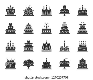 Cake dessert icons set. Sign kit of sweet food. Birthday party pictograms of cupcake design, candle decoration, strawberry cream. Simple delicious black symbol isolated on white. Vector Icon shape