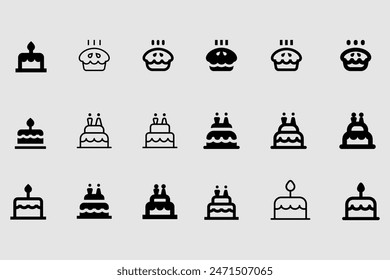 Cake dessert icons set. Sign kit of sweet food. Birthday party pictograms of cupcake design, candle decoration, strawberry cream. Simple delicious black symbol isolated on white. Vector Icon shape
