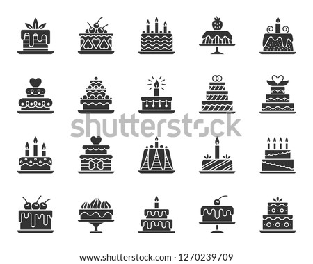 Cake dessert icons set. Sign kit of sweet food. Birthday party pictograms of cupcake design, candle decoration, strawberry cream. Simple delicious black symbol isolated on white. Vector Icon shape