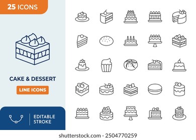 Cake and dessert Line Editable Icons set.	
