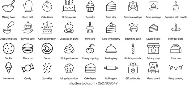 Iconos de pastel y línea de postre, Ilustración vectorial.