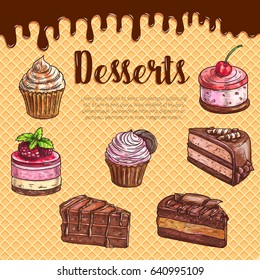 Cake dessert menu poster with waffle texture and flowing chocolate on background. Chocolate cake, cupcake, muffin, brownie and fruit dessert with cream swirls, cherry, cookie. Bakery and pastry design