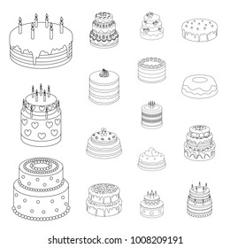 Cake and dessert outline icons in set collection for design. Holiday cake vector symbol stock web illustration.