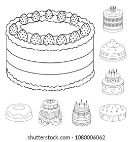 Cake and dessert outline icons in set collection for design. Holiday cake vector symbol stock web illustration.