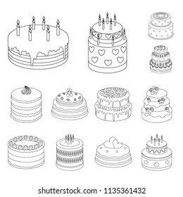 Umrisssymbole aus Kuchen und Dessert in Set-Kollektion für Design. Feiertags-Kuchen Vektorsymbol Stock-Web-Illustration.