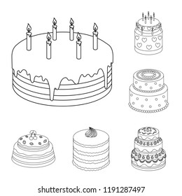 Cake and dessert outline icons in set collection for design. Holiday cake vector symbol stock web illustration.