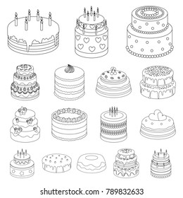 Cake and dessert outline icons in set collection for design. Holiday cake vector symbol stock web illustration.