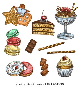 Cake and dessert, pastry and bakery shop sweet food. Chocolate, vanilla cream cupcake and donut, ice cream sundae, cookie, wafer tube and macaron isolated vector sketch