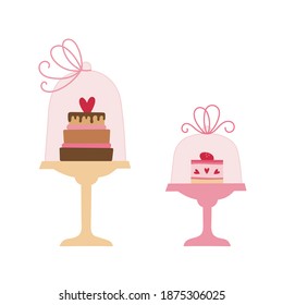 Cake and dessert in cake stands with glass dome lid with ribbon bow. Pink and brown colors. Valentine's day vector illustration. svg