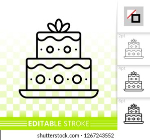 Cake Dessert thin line icon. Outline web sign of sweet food. Birthday Party linear pictogram with different stroke width. Simple vector transparent symbol. Baking pie editable stroke icon without fill