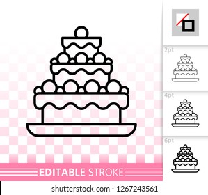 Cake Dessert thin line icon. Outline web sign of sweet food. Birthday Party linear pictogram with different stroke width. Simple vector transparent symbol. Baking editable stroke icon without fill