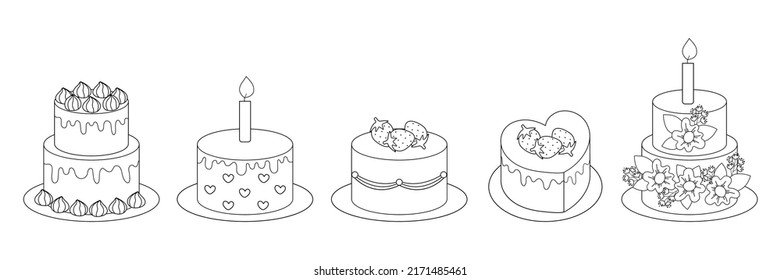 Cake dessert thin line icon set. Outline web sign kit of sweet food. Birthday party linear icons. Simple cupcake contour symbol on white. Vector Illustration