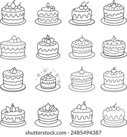 Cake dessert thin line icon set. Outline web sign kit of sweet food. Birthday party linear icons of homemade baking, chocolate delicious. Simple cupcake contour symbol on white. Vector Illustration...