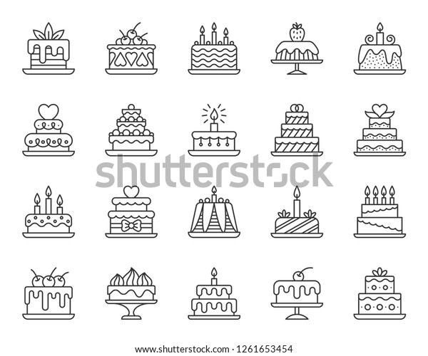 Cake dessert thin line icon set. Outline web\
sign kit of sweet food. Birthday party linear icons of homemade\
baking, chocolate delicious. Simple cupcake contour symbol on\
white. Vector\
Illustration