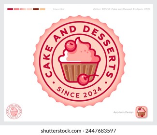 Cake and Desserts emblem. Identity. Text and Chocolate cupcake with cherries in a wavy circle.