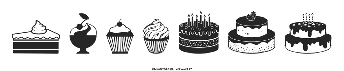 Cake and desserts  icon. Symbol of the holiday, birthday, festive cake with a candle on transparent background.