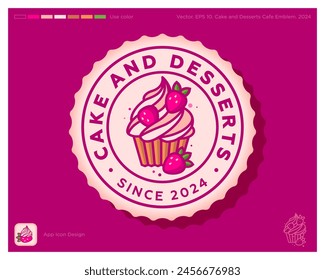 Cake and Desserts sign. Cafe emblem. Chocolate cupcake with cream and strawberries into wavy circle. Identity. App button.