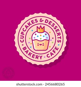 Cake and Desserts sign. Cafe emblem. Chocolate cupcake with sugar glaze, small candies and crown into wavy circle.