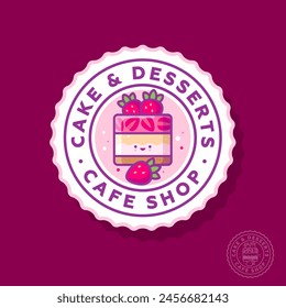 Cake and Desserts sign. Cafe and Shop emblem. Dessert with jelly, souffle and strawberries into wavy circle. Kawaii emoji. Smiley face.