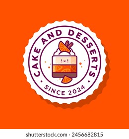 Cake and Desserts sign. Dessert with jelly, souffle and oranges pieces into wavy circle. Kawaii emoji. Smiley face