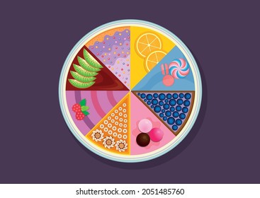 A cake with different pieces, a cake with kiwi, chocolate, glaze, oranges, macaroon, blueberries, ice cream, cookies, raspberries on the plate