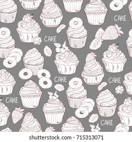 Cake. Different types. Vanilla, raspberry, pineapple, strawberry. Background, wallpaper, seamless. Sketch, doodle. White pattern on a gray background.