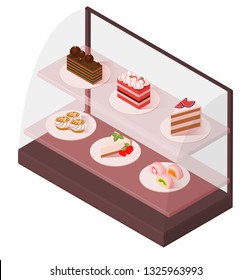 Cake display with cheesecake, strawberry cake, chocolate cake, mochi, fig cake and cream puffs. Vector illustration.